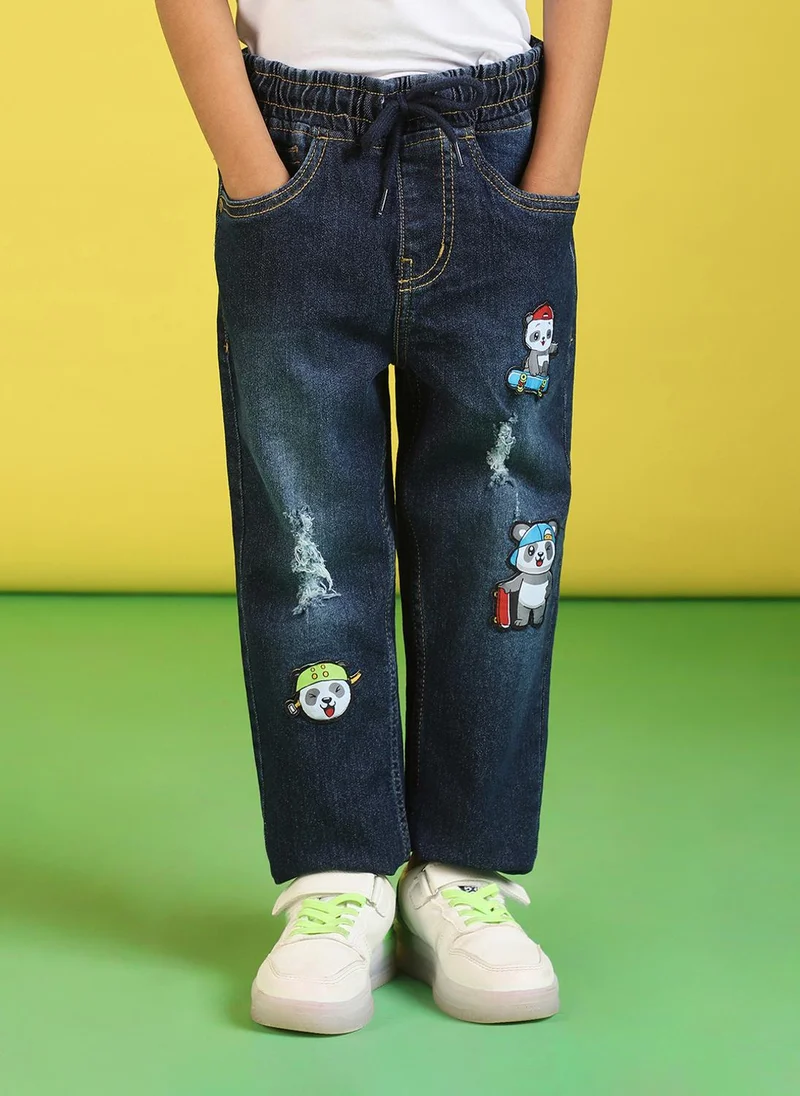 Nautinati Boys' 100% Cotton Distressed Light Fade Panda Stretchable Jeans with Panda Applique & Drawstrings